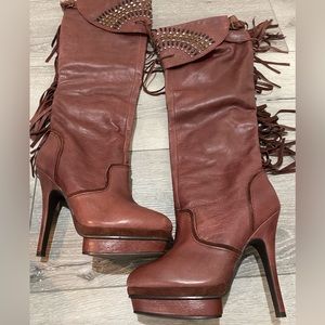 New in Box Miss Robertson fringe brown knee high boots with studs 8.5